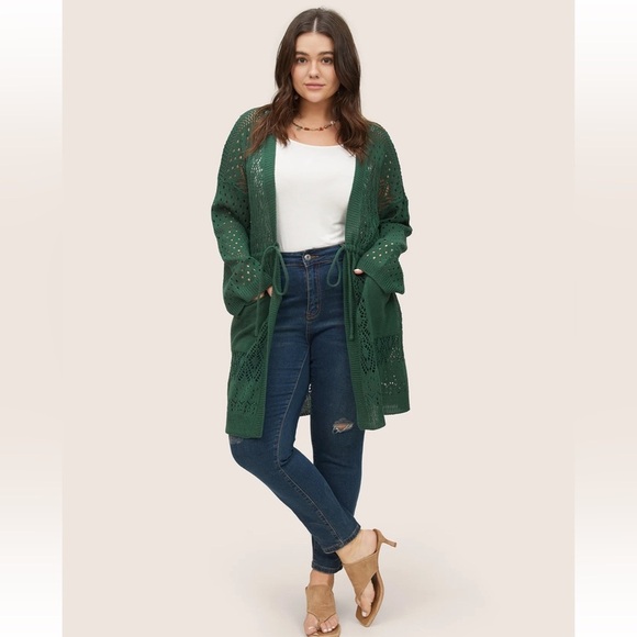 BloomChic Plus Size  3XL Solid Drawstring Pocket Hollow Out Cardigan - Picture 3 of 8